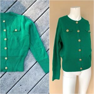 Vintage 1980s Military Style Cardigan | 80’s Gold Button-Up Knit Sweater, S/M